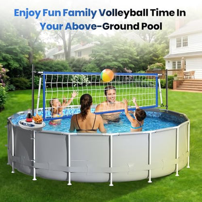 Above Ground Pool Volleyball Net Set with Storage Tray - Swimming Pool Volleyball Net for Pool with Adjustable 10-20FT Width Anti-Sagging Net - Outdoor Poolside Games with Ball, Pump, Poles - style: Above Ground Pool Volleyball Net