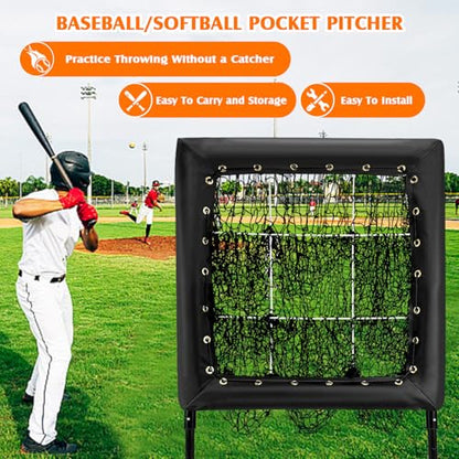 Pitching Net, Portable 9 Hole Baseball & Sotball with Strike Zone - Height Adjustable Easy Setup for Indoor/Outdoor