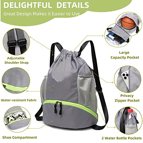 Soccer Bags, Waterproof Drawstring Gym Backpack for Baskestball Rugby Volleyball Yoga, Large Capacity Sports Bag - color: Grey