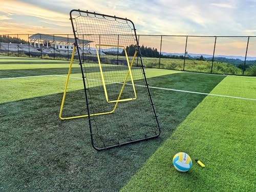 6-Angle Adjustable Volleyball Rebounder Net 7x4 ft with PU Volleyball and Stakes - Bounce Back Training Equipment for Practicing Volleying, Bumping, Spiking, Easy Set Up & Steady for Multi Sports - color: Black and Yellow