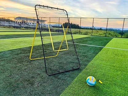 6-Angle Adjustable Volleyball Rebounder Net 7x4 ft with PU Volleyball and Stakes - Bounce Back Training Equipment for Practicing Volleying, Bumping, Spiking, Easy Set Up & Steady for Multi Sports - color: Black and Yellow