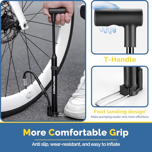 Bike Pump with Gauge, Floor Stand Mini Bike Pump 120 PSI with Foot Rest for Stable Inflation, Dual Valve Schrader Presta, Bicycle Tire Inflator for Fast Emergency Repair on MTB and Road Bike