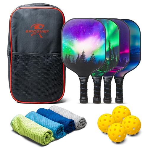 Pickleball Paddle Set - USAPA Approved Fiberglass Paddles | Lightweight Honeycomb Core | Includes 4 Balls, Carry Bag, and Cooling Towels | Ideal for All Players by EPICOURT - size: 4 Pack, style: Wilderness