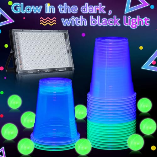 32 Pcs Glow in The Dark Party Table Tennis Game Set Include 24 Pcs Glowing Plastic Cups and 8 Balls for Indoor Outdoor Party Event Birthdays Weddings BBQ Parties - color: Blue and Green