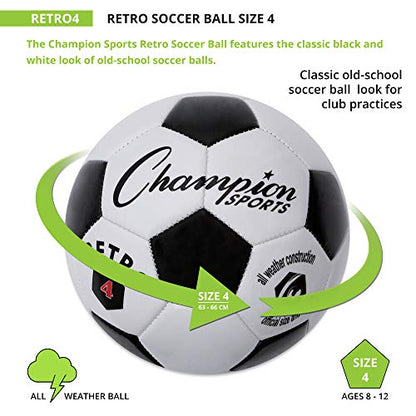 Champion Sports Retro Soccer Ball – Sizes 3, 4, 5, Soft Touch, All Weather, Official Size & Weight Ball for Training, Games, Outdoor & Indoor Play - size: Size 4