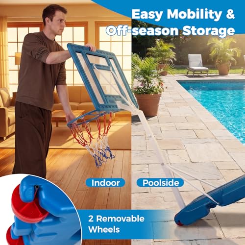 GYMAX Pool Basketball Hoop, Stainless Steel Adjustable 32" Portable Basketball Hoop for Pool with Fillable Base, Shatterproof Backboard, Basketball & Pump Included