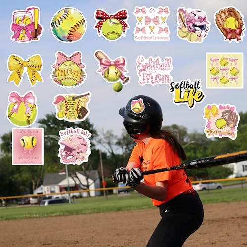 50PCS Pink Coquettte Bows Softball Stickers, Cute Motivational Vinyl Waterproof Stickers for Water Bottles,Helmets, Luggage, Teaching Incentives, Softball Gifts for Girls Kids, Teens and Adults