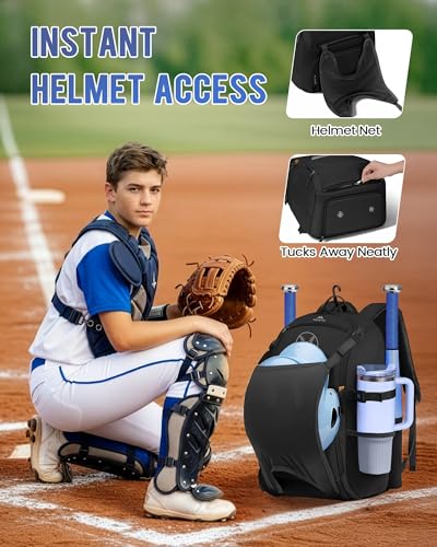 MATEIN PRO Girls Softball Bag with Helmet Net, Lightweight Softball Backpack with Ventilated Shoe Compartment & Organizer Pocket, Youth Baseball Bag with Side Pockets for 40oz Tumbler & TBall Bats - color: Black