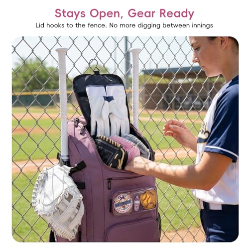 KAVIGOR 80L Rolling Baseball & Softball Bag for Youth & Adult, Holds 3 Gloves & 4 Bats, Custom Team Panel, Travel Ball Ready - color: Berry Pink