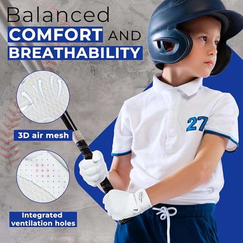 HANDLANDY Baseball Batting Gloves for Adult Youth, Grip Breathable Softball Batting Gloves Fit Men Kids Boys Girls - color: White-Kids, size: Kids Small