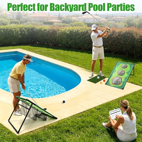 Golf Chipping Game Set with 2 Clubs & 1 Scoreboard - 2 Target Nets, 2 Turf Mats, 16 Foam Balls, Score Pen & Bag - Indoor/Outdoor Golf Training for Adults/Family