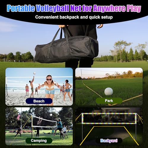 LED Volleyball Net Outdoor, Professional Light Up Volleyball Net with Solar Rope Light, 32x3ft Portable Heavy Duty Volleybal Net Set with Glow in The Dark Volleyball & Carry Bag for Backyard, Beach