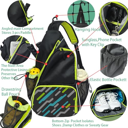 Pickleball Sling Bag with Shoe Compartment for Men Women, Professional 2-3 Paddle Backpack, Large Capacity Bag with 36oz Water Bottle Pocket & Fence Hook - color: Black/Neon Green