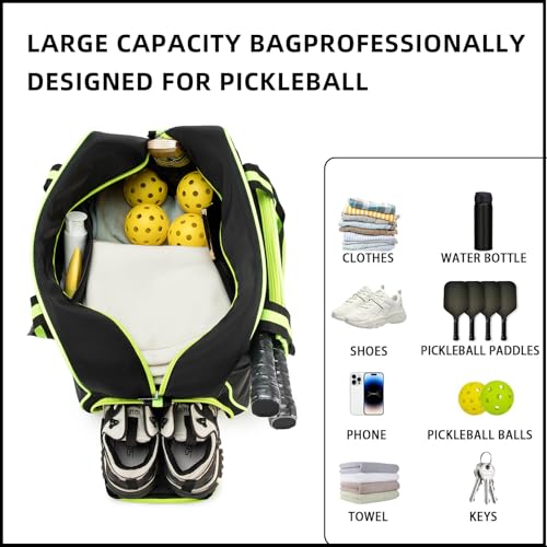 ROYALFAIR Pickleball Tote Bag for Women Men Large Capacity with Paddle Cover Pocket Internal Shoe Pocket and Adjustable Shoulder strap - color: black-green