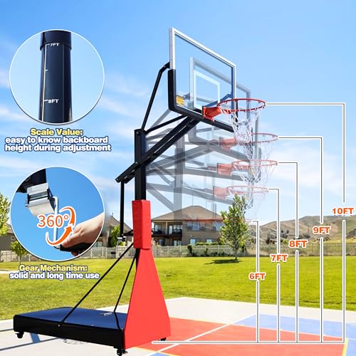 Portable 55” Box Basketball Hoop with Wheels - 6ft-10ft Adjustable Height Mobile Goal System with Locking Casters for Driveway, Backyard & Outdoor Use, Moveable Basketball Hoop Outdoor