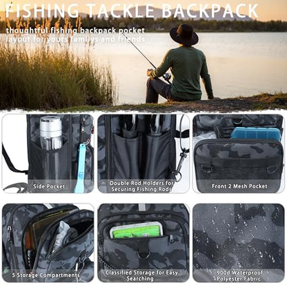 Fishing Backpack with Tackle Boxes and Rod Holder, 24L Fishing Sling Bag with Fishing Lures Kit, Fishing Gear Bag Gifts for Men Women - Black Camo Backpack