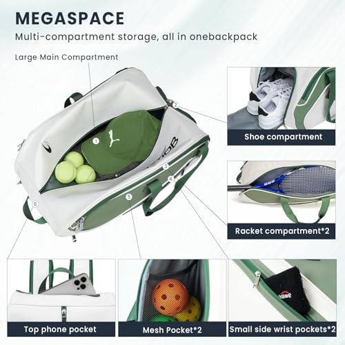 Tennis Bag Holds 2 Rackets with Shoe Compartment, Fence Hook & Ball Sleeve – Large PU Pickleball Paddles Backpack for Men & Women