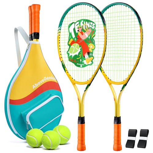 AboveGenius Kids Tennis Racket Set, 21/23/25 inch Tennis Racket for Toddler Youth Starter Kit, 3 Balls, 2 Lightweight Racquets with Easy Carrying Shoulder Strap Bag - size: 25 inch