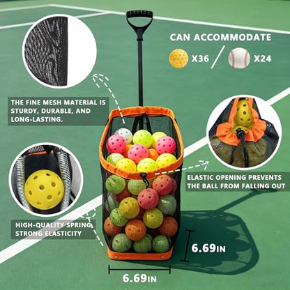 Tennis Ball Hopper, Holds 40+ Pickleballs or 50+ Tennis Balls, Lightweight Durable Steel Frame, Portable Adjustable Ball Picker（Excluding Ball） - color: Yellow