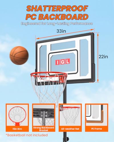 IGL Kids Basketball Hoop Outdoor Adjustable, 33 Inch Portable Basketball Goal with PC Backboard, Fillable Base & 40 lb Weight Ball for Backyard & Driveway - color: Black
