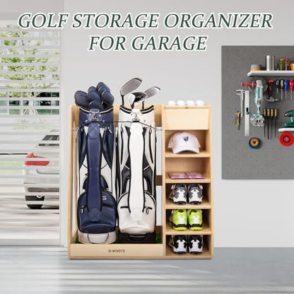 WINGYZ Premium Birch Plywood Golf Bag Storage for 2 Bags | 36lb Rock-Solid Golf Bag Organizer | 7-Shelf Command Center | Artificial Turf 12-Ball Display | No Wall Mounting Required (Natural) - color: Natural