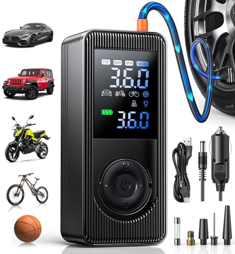 Tire Inflator Portable Air Compressor - 150 PSI 4X Fast Inflation Rechargeable Battery & 12V DC Adapter Powered Air Pump for Car Bike Motorcycle Tires Balls with LCD Display, LED Light - color: Black
