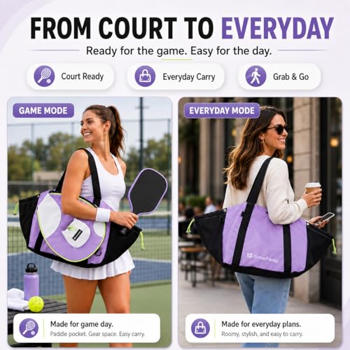 Smartway Pickleball Tote Bag for Women, Stylish Tennis Bag with Detachable Paddle Pocket, Waterproof Large Capacity Court Shoulder Bag for Gym, Daily & Weekend Trips, Men Ideal Pickleball Gifts - color: Purple