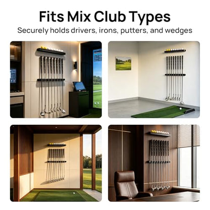 Wall-Mounted Golf Club Holder with Golf Ball Display Holder, 8 Clips Wooden Club Rack for Golfers & Collectors, Ideal Golf Accessories for Simulator, Garage, and Sports Room Wall Display