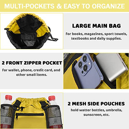 STAY GENT Drawstring Basketball Backpack for Boys, Foldable Soccer Backpack Gym Bag Sackpack Sports Sack with Detachable Ball Mesh Bag for Volleyball Baseball Yoga - color: Yellow