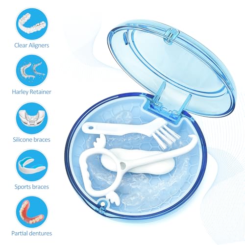 Retainer Case Slim Aligner Case with Vent Holes Cute Dental Brace Box with Retainer Removal Tool and Brush Compatible with Night Guard and Mouth Guard (Clear Blue with Lanyard)