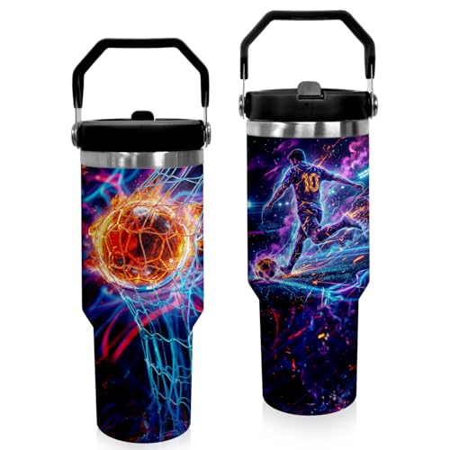 30 oz Tumbler with Handle Flip Straw Leak Proof - Soccer Cup 30oz Tumbler Travel Coffee Mug with Handle - Birthday Gifts for Women Men Soccer Lovers Fans 30 Ounce Stainless Steel Cup - color: Soccer 10