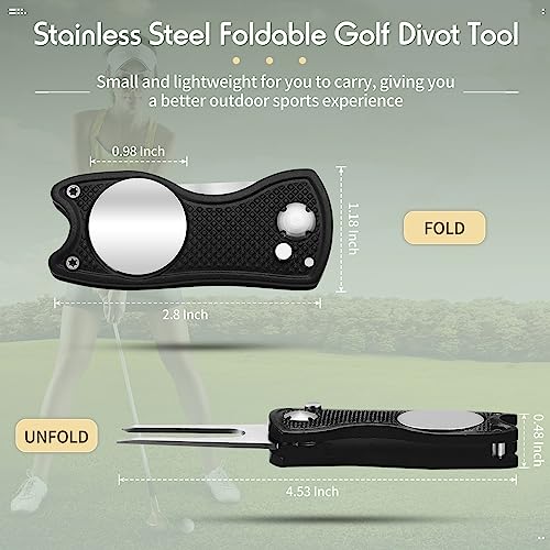Skylety 4 Pcs Golf Divot Repair Tool Metal Foldable Golf Divot Tool with Magnetic Pop-up Button Ball Marker Stainless Steel Switchblade for Golfers Prizes - color: Black