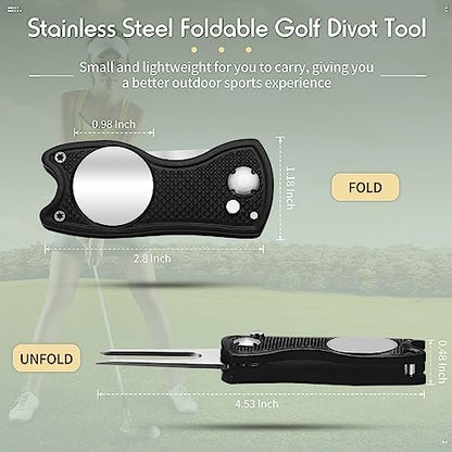Skylety 4 Pcs Golf Divot Repair Tool Metal Foldable Golf Divot Tool with Magnetic Pop-up Button Ball Marker Stainless Steel Switchblade for Golfers Prizes - color: Black