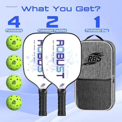 Pickleball Paddles Set of 2 or Single Option-Fiberglass or Carbon Fiber Face – Durable Solo Paddle or Complete Set with Balls & Carry Bag – Improved Spin & Precision - color: White-Fiberglass