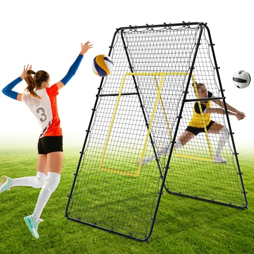 Double Sided Volleyball Rebounder Net, Adjustable Training Equipment Bounce Back Net Practice for Setting Spiking Bumping, Multi-Person Lacrosse, Baseball, Soccer Practicing - 7x4 Ft