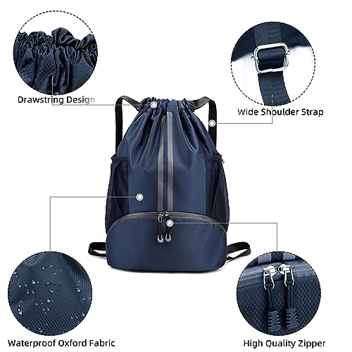 Valleycomfy Sports Drawstring Backpack - Water Resistant String Bag with Side Mesh Pockets Shoe Compartment Gym Backpack for Women & Men Dark Blue - color: A-dark Blue