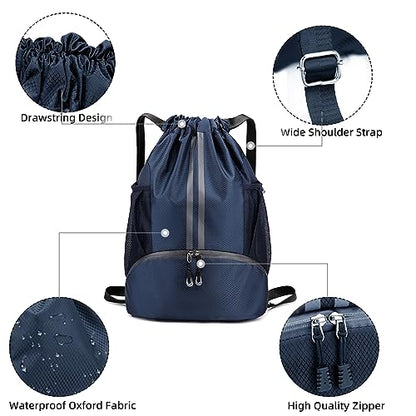 Valleycomfy Sports Drawstring Backpack - Water Resistant String Bag with Side Mesh Pockets Shoe Compartment Gym Backpack for Women & Men Dark Blue - color: A-dark Blue