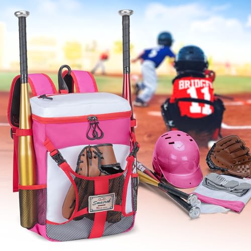 Smasrob Youth Baseball Bag for T Ball, Rec and Travel Ball, Softball Bag with Helmet Holder and Fence Hook - color: Pink
