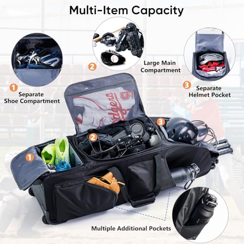 Large Rolling Baseball Catchers Gear Bag with Wheels, Softball Bag with Hard Backing for 4 Bats,Equipment Bag with Separate Shoe & Helmet Compartments, Youth Baseball Bag with 360° Spinner Wheels - color: Black, size: Style B - Heavy-Duty Rolling Base