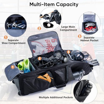 Large Rolling Baseball Catchers Gear Bag with Wheels, Softball Bag with Hard Backing for 4 Bats,Equipment Bag with Separate Shoe & Helmet Compartments, Youth Baseball Bag with 360° Spinner Wheels - color: Black, size: Style B - Heavy-Duty Rolling Base