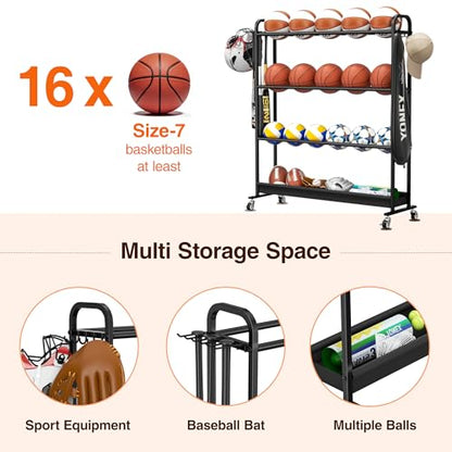 Adjustable Basketball Rack with Wheels, 4-Tier Sports Ball Storage Cart for Basketball Football Volleyball Soccer & More, Holds up to 20 Balls