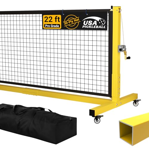 Pro Pickleball Net - 22ft Tournament-Grade, Heavy Duty Steel Frame, 30-ply Sturdy Net, Hand Winch System, Universal Wheels, 600D Carrying Bag, Perfect for Indoor & Outdoor Use, Black/Yellow