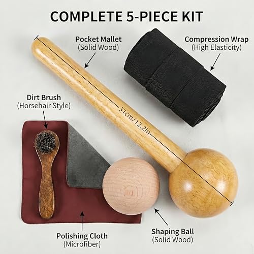 Baseball Glove Break-in Kit - Wooden Mallet, Shaping Ball, Elastic Wrap, Brush & Cloth - Complete Glove Care Set for Softball & Baseball Mitts - Accelerates Break-in & Shapes Pocket