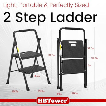 HBTower Step Ladder, Folding Step Stool with Wide Anti-Slip Pedal, Sturdy Steel Ladder, Convenient Handrail, Lightweight, Portable Steel Step Stool - color: Black, size: 2 Step Ladder