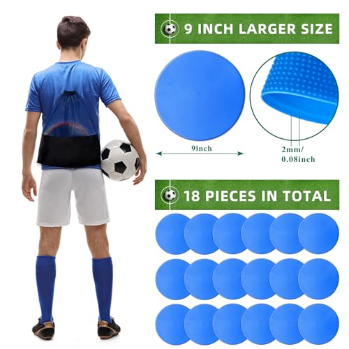 Poly Spot Markers 4 inch/9 inch Non-Slip Rubber Agility Training Markers Floor Dots Flat Field Cones for Football, Soccer, Basketball, School Exercise Drills, Dance Practice - style: 9 inch 18 Pcs Blue (TPE)
