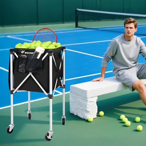 Sturdy Pickleball Tennis Ball Hopper - Foldable Lightweight Tennis Cart Holds 240 Tennis/180 Pickleballs with Removable Bag, Wheels, Side Pocket for Training/Teaching