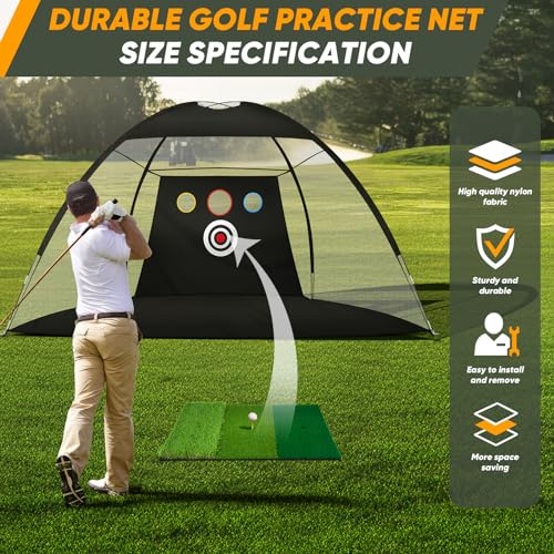 10x7Ft Golf Practice Net, Golf Net for Backyard Driving Real GolfBalls, All in 1 Golf Hitting Nets with Tri-Turf Mat, Impact Target, 10 Balls, 7 Tees, 2 Rubber Tees, Carry Bag