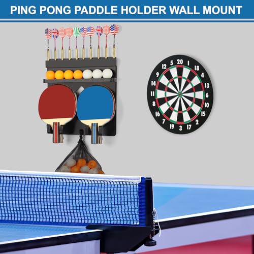 Ping Pong Paddle Holder Wall Mount Hold 8 Paddles, Ping Pong Rack Dart Holder 2-in-1, 100% Solid Wood Table Tennis Organizer, Black