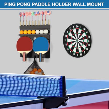 Ping Pong Paddle Holder Wall Mount Hold 8 Paddles, Ping Pong Rack Dart Holder 2-in-1, 100% Solid Wood Table Tennis Organizer, Black