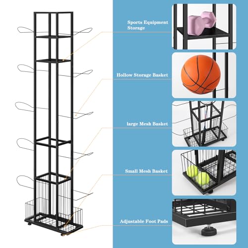 BTY Sports Equipment Organizer Ball Storage Rack Freestanding Basketball Holder Vertical Garage Ball Storage Display Stand for Volleyball Football Badminton Black